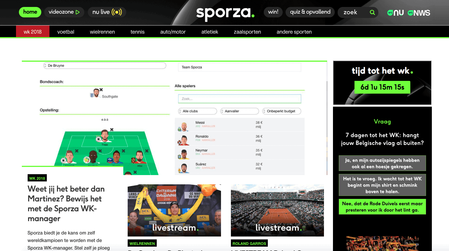 Sporza WK Manager homepage news article